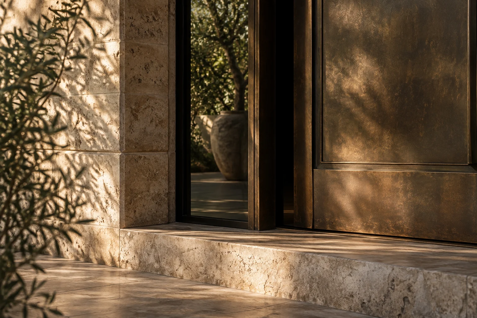 Evocative natural light on stone and bronze
